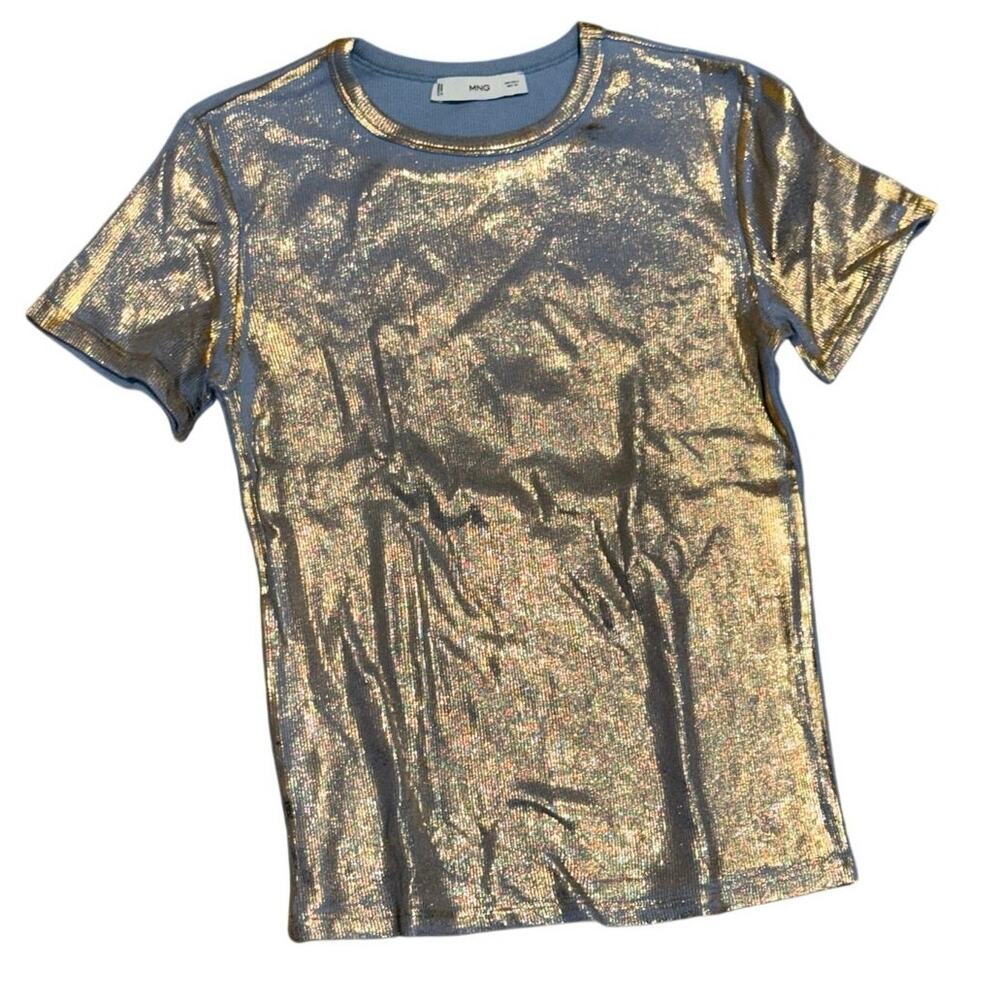Mango Metallic Gold Print Short Sleeve Tee – Blue – S